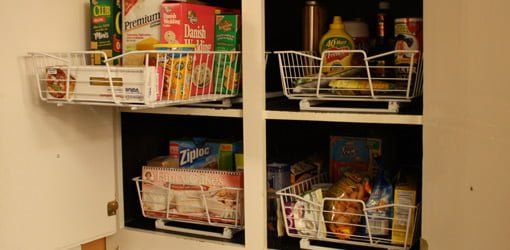 Roll out wire baskets for kitchen cabinet organization