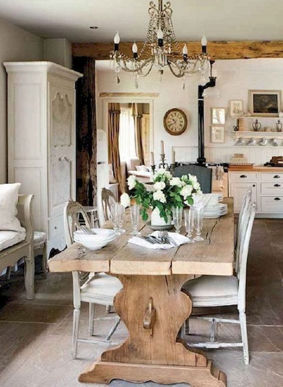 Rustic Dining Table in French Country Dining Room Open to Kitchen