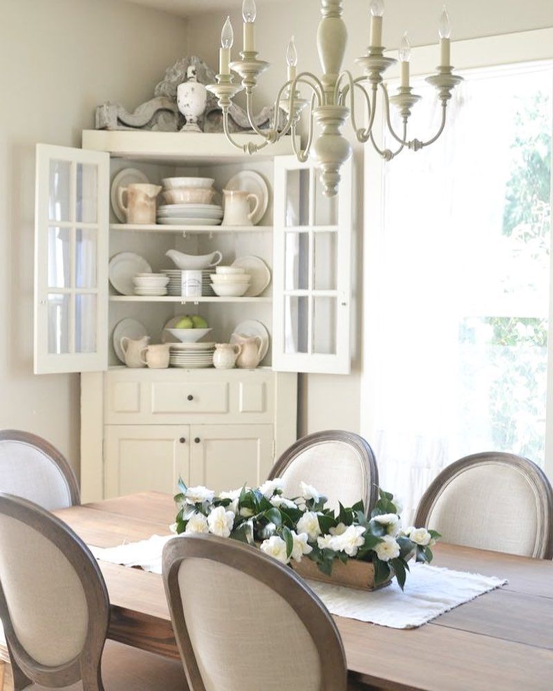 White Dining Hutch in French Country Dining Room via @fadedcharmliving
