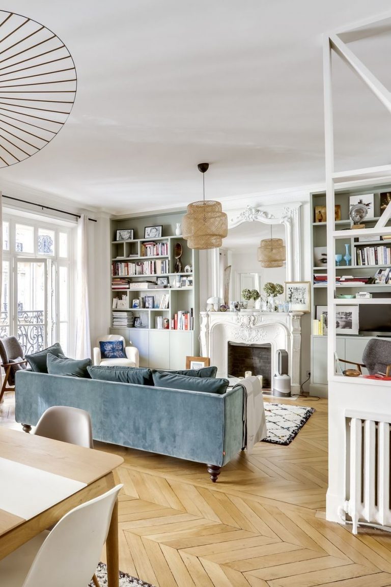 Parisian Apartment Decor Guide Faded Blue Sofa Via CoteMaison Studio 85 By Casaromani Et Conscience 768x1153 