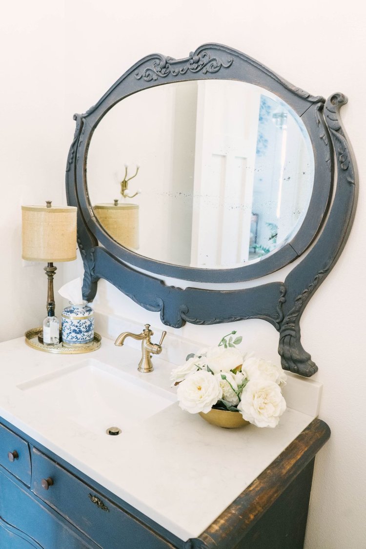 Vintage Bathroom vanity mirror via Farmhouse Living