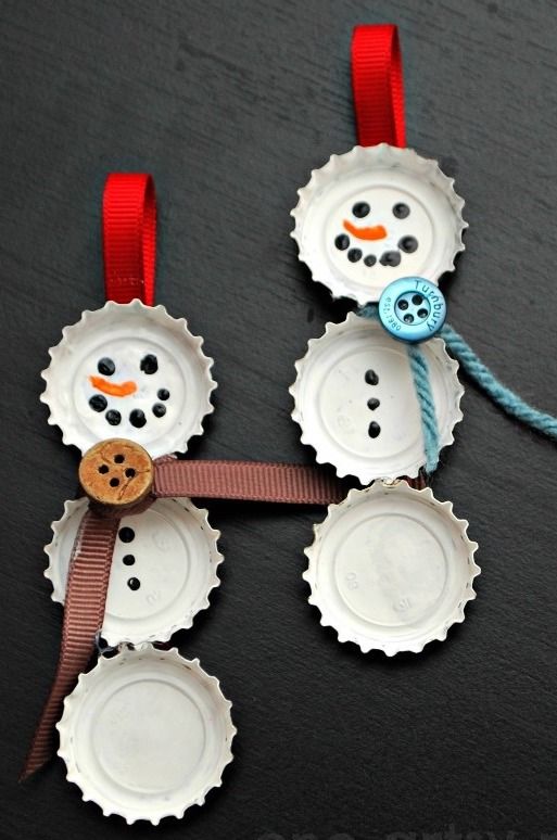 Bottle cap snowmen Christmas Ornament Craft via amylattacreations