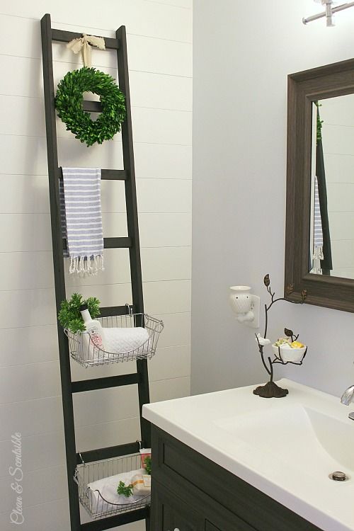 DIY Bathroom storage ladder via cleanandscentsible