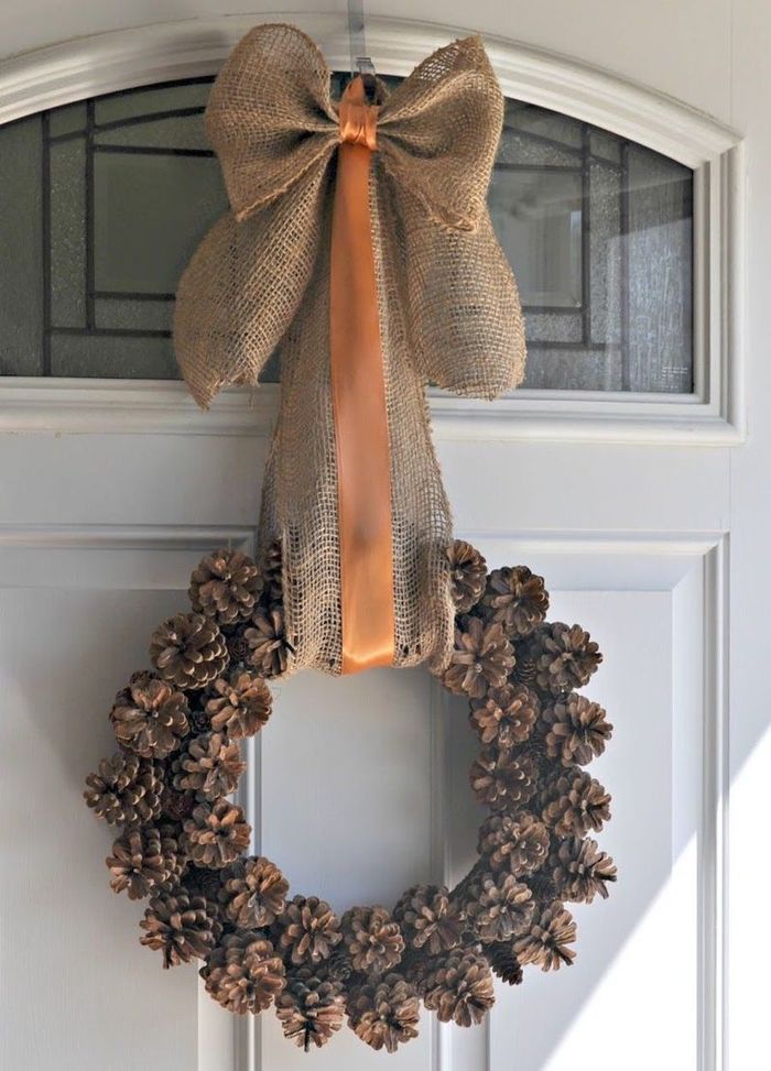 DIY Fall Pinecone Wreath with Orange Ribbon via keepcalmanddecorate