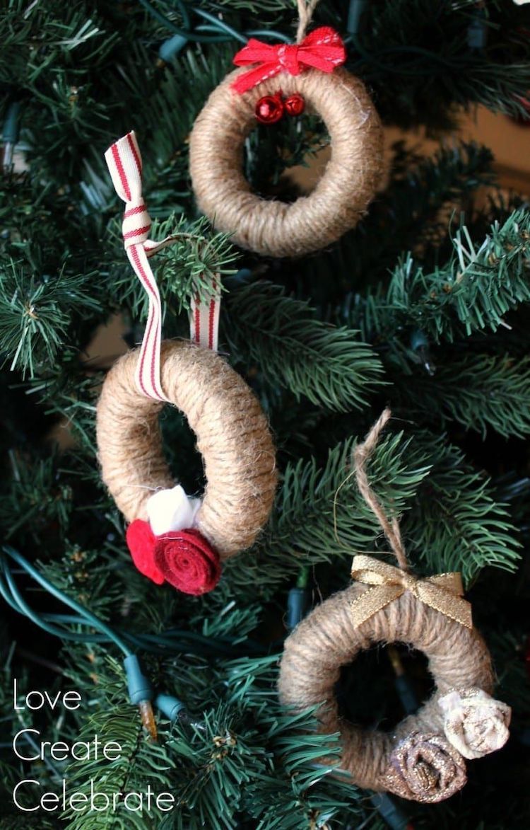 DIY Jute String Mini Wreath Ornaments via lovecreatecelebrate