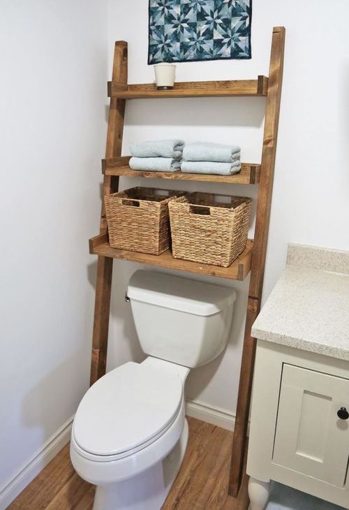 DIY Over the Toilet Leaning Farmhouse Ladder Shelf via ana-white