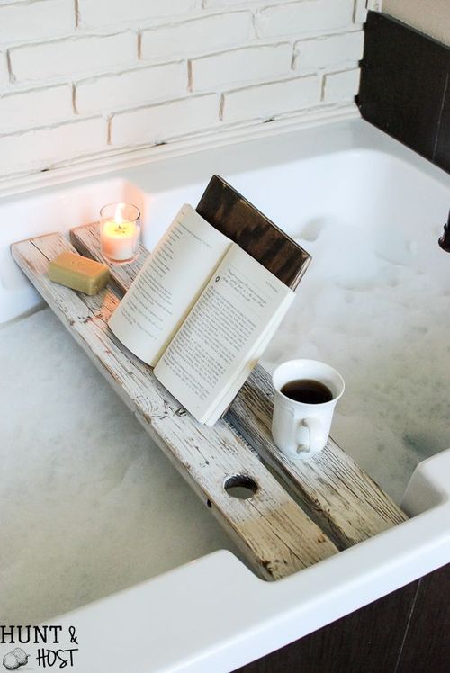 DIY Rustic bath tray with book rest via salvagedliving