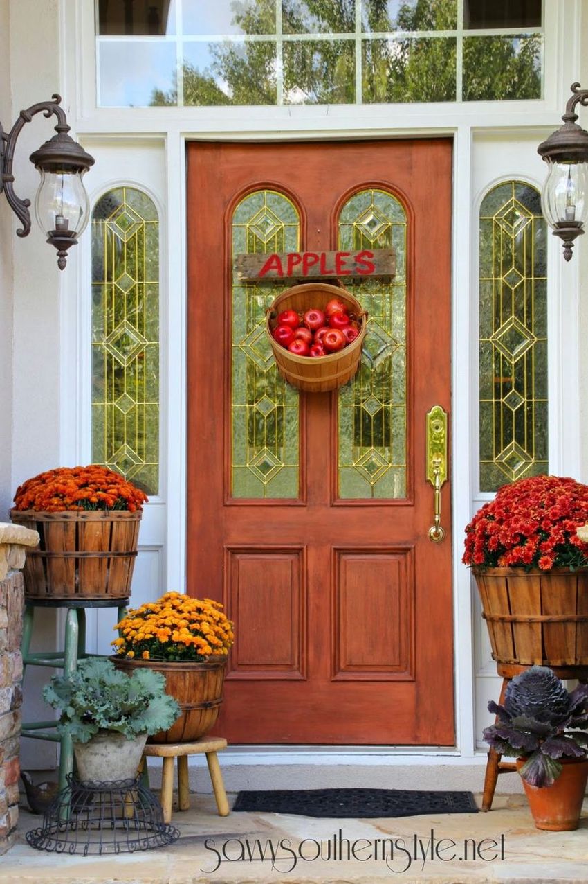 Fall front porch with Apples hanging on front door via savvysouthernstyle