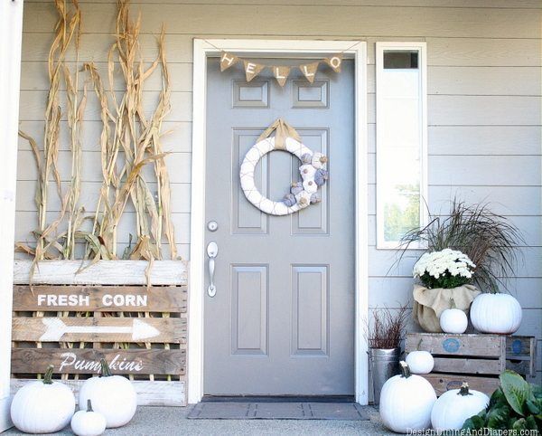 Fall front porch with white pumpkins via tarynwhiteaker