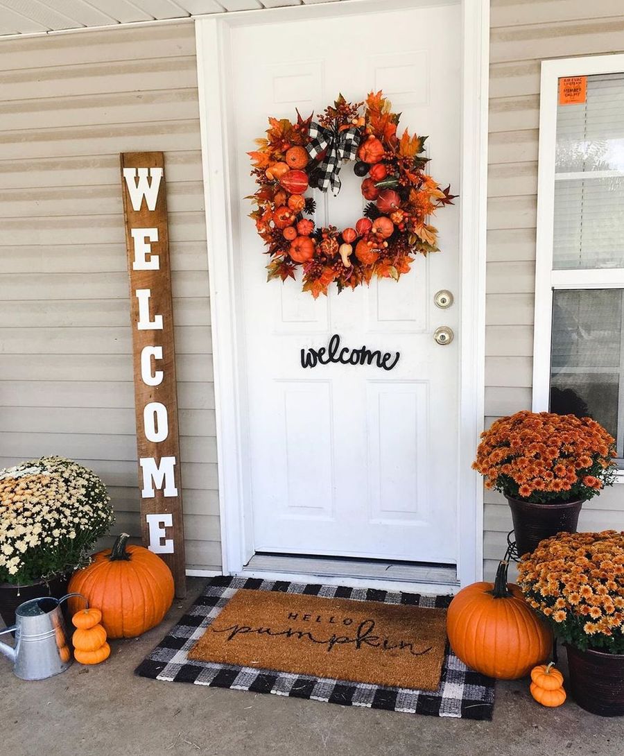 Orange Fall Front Porch Decor with Welcome Sign via @initialedcottagehome