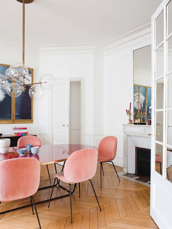 Parisian Dining Room with Pink velvet dining chairs via Nuevo Estilo Aroussia Chamakh