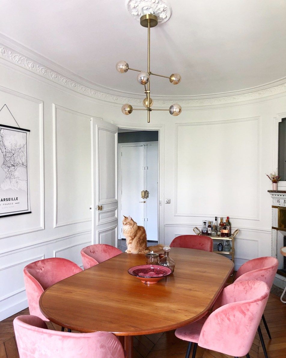 Parisian Dining Room with Brown dining chair and pink velvet chairs via hello-hello darya kopp