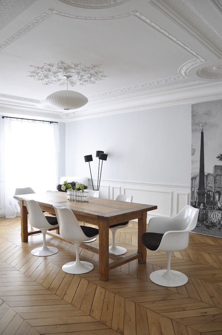 Parisian Dining Room with white tulip chairs via Stephanie Ross