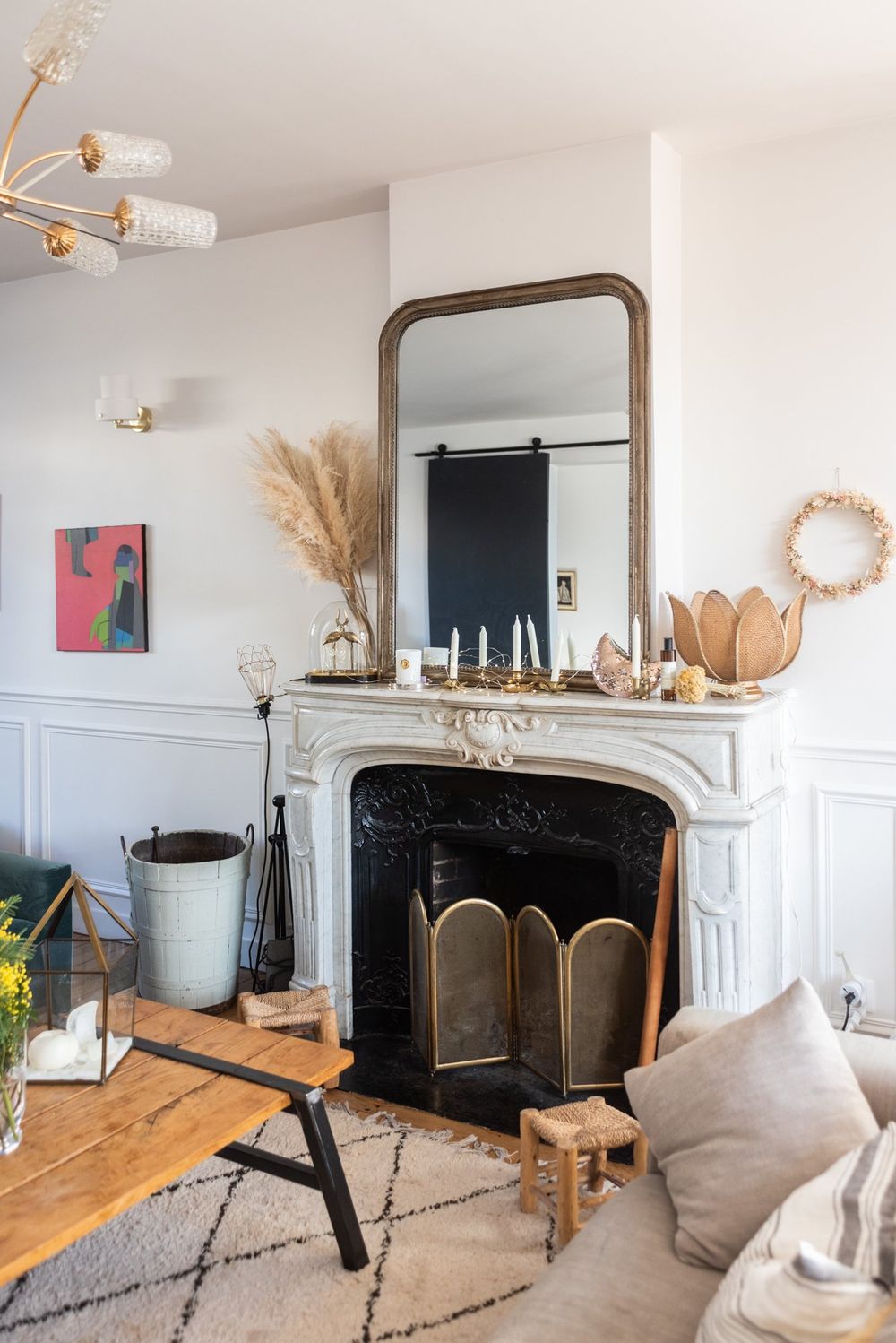 Parisian fireplace neutral decor and Pampas grass via TheSocialiteFamily Mylene Kiener