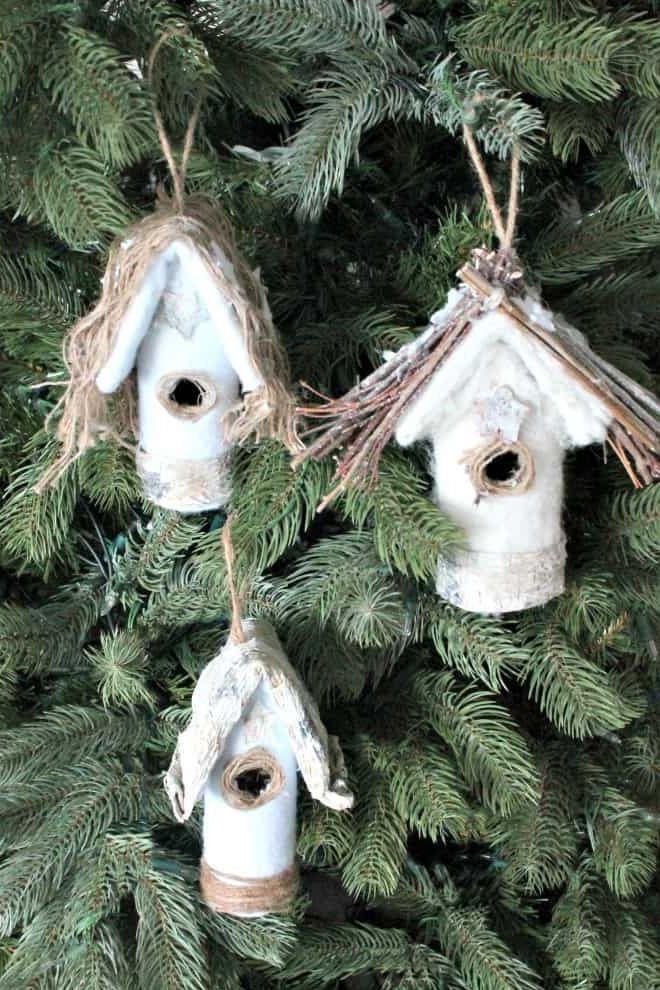 DIY Farmhouse Birdhouse Christmas Tree Ornaments via faeriesandfauna