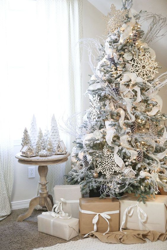 Flocked Christmas Tree with Neutral Christmas Decor via EllaClaireInspired