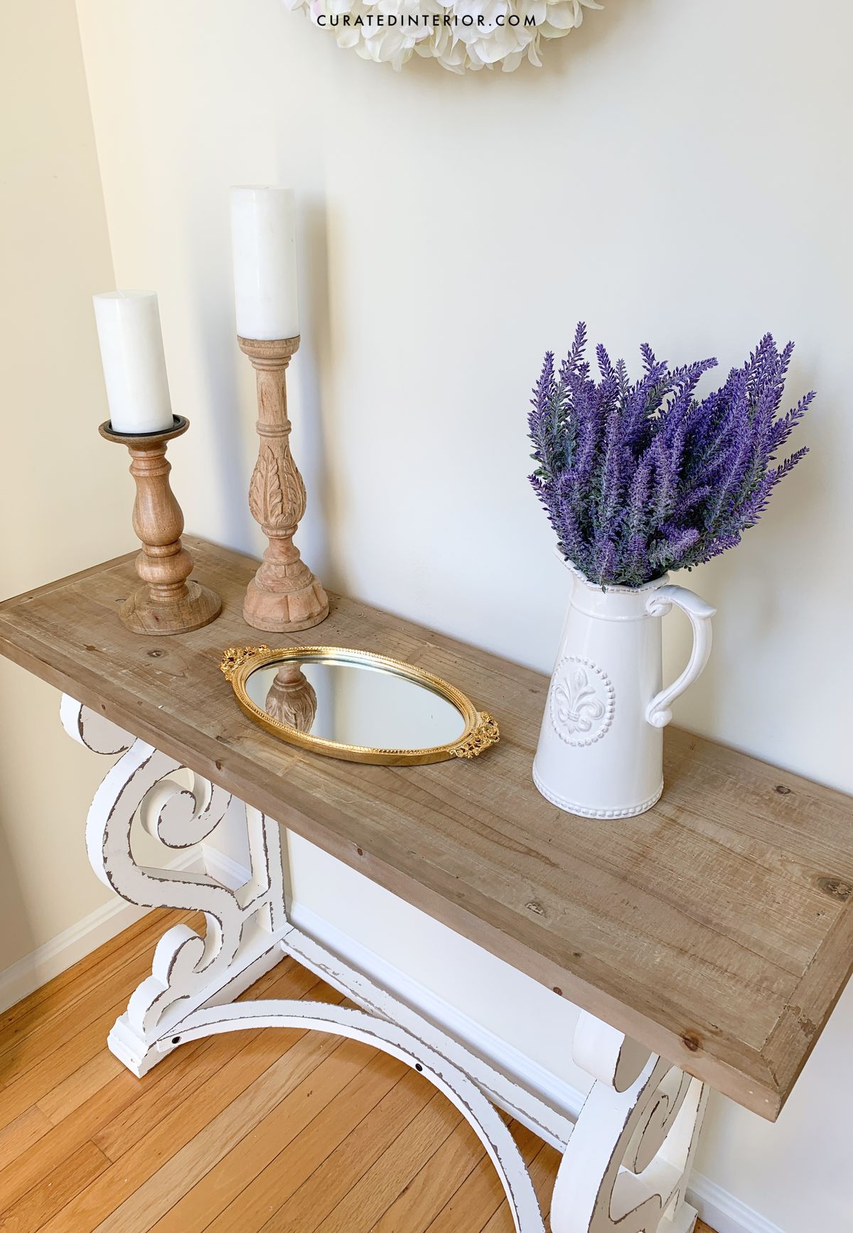 French Country Console Table with Wood Candlesticks, Vintage Mirror Tray and White Pitcher with Lavender