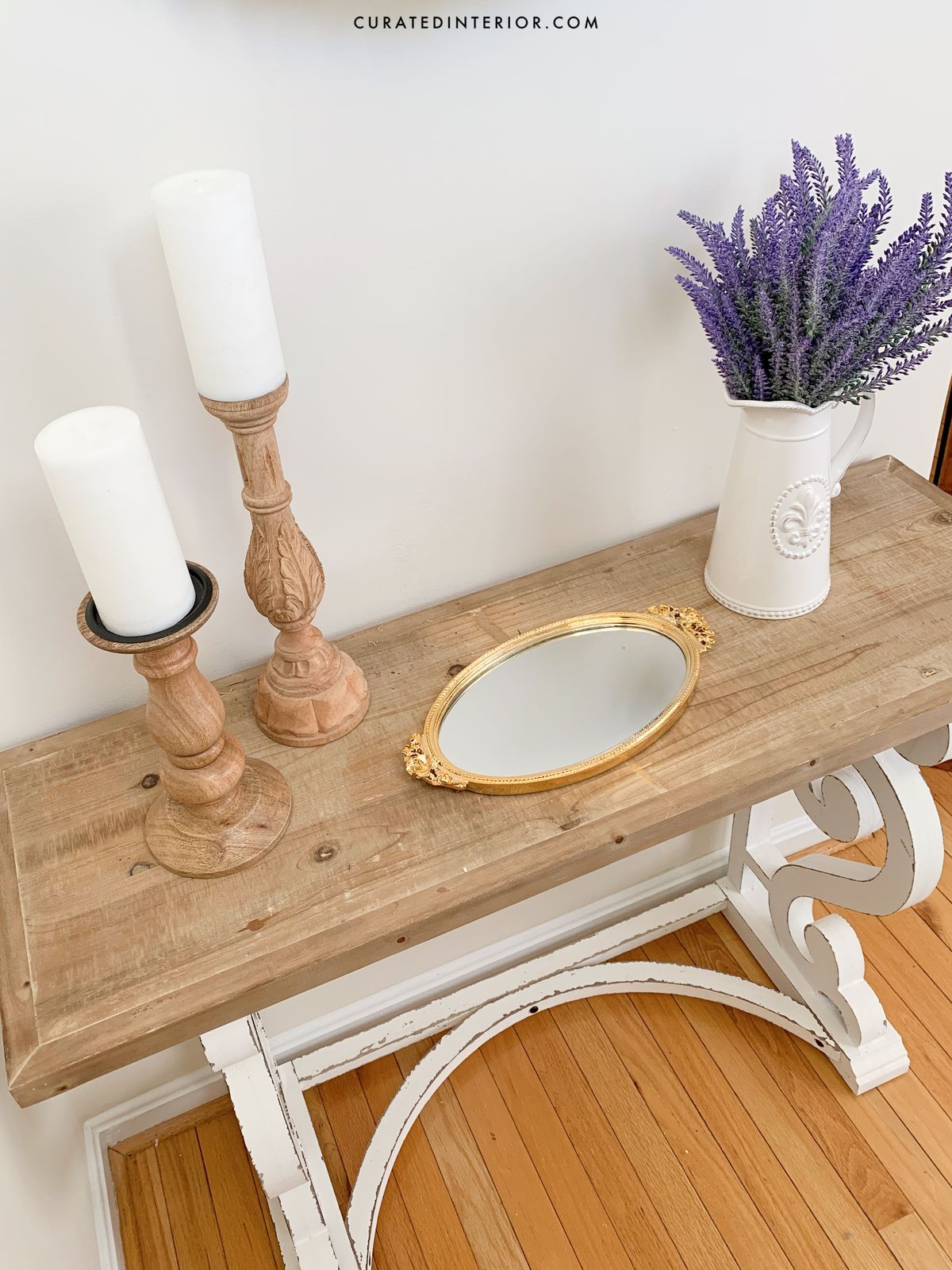 French Country Console Table with Wood Candlesticks, Vintage Mirror Tray and White Pitcher with Lavender