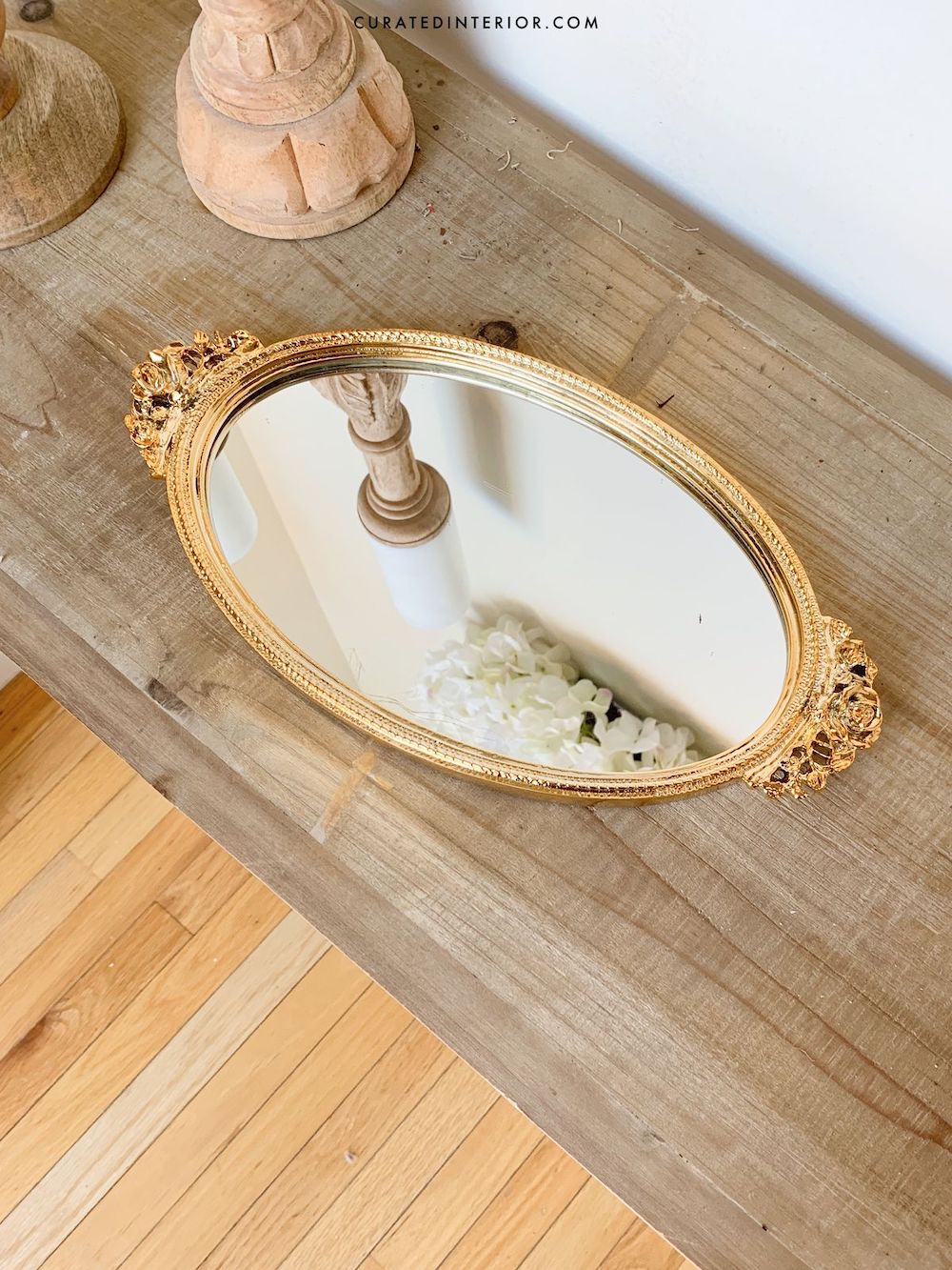 French Country Vintage Gold Mirror Tray on Wood Console Table