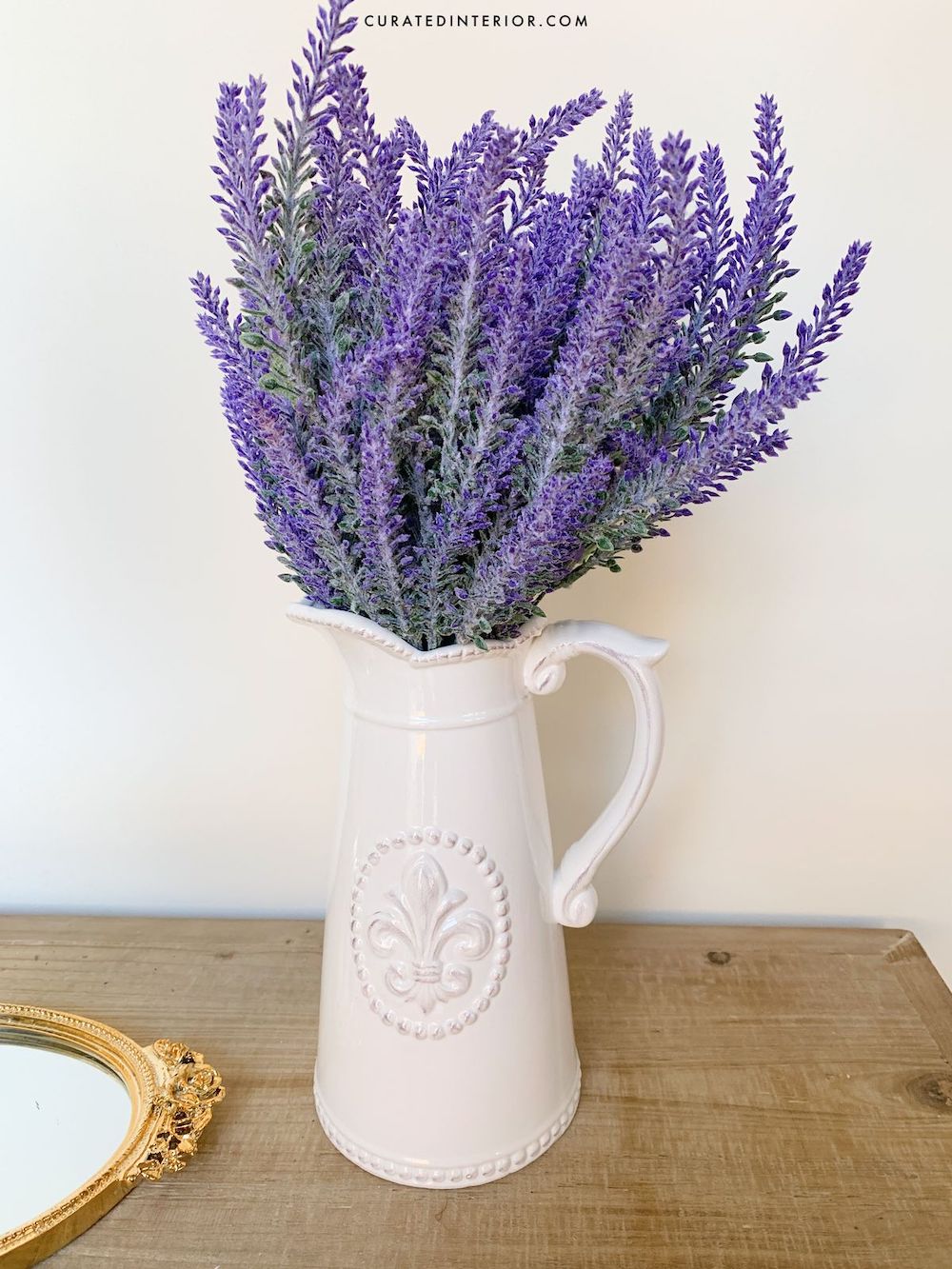 French Country White Fleur de Lis Farmhouse Pitcher with Artificial Lavender stems