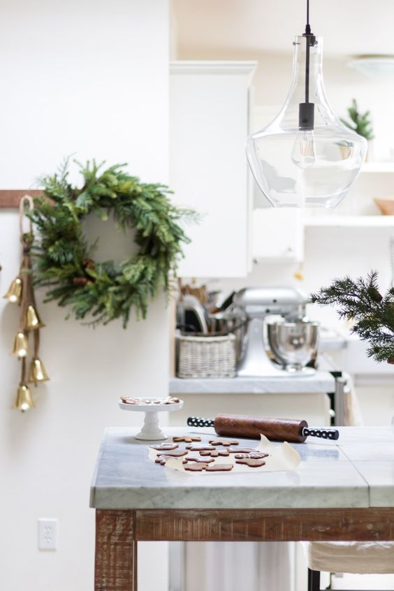 Scandi Christmas Kitchen Decor with gold bells and wreath