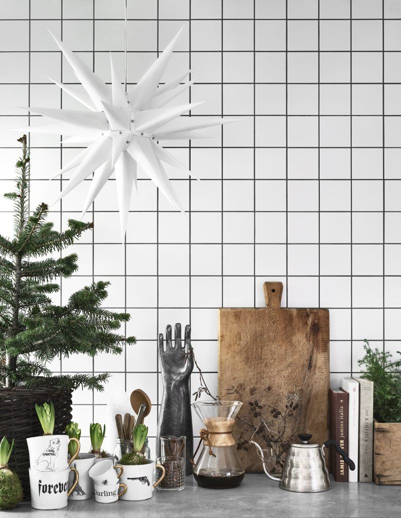 Scandi Christmas Kitchen countertop decor via Kristofer Johnson via Residence Magazine