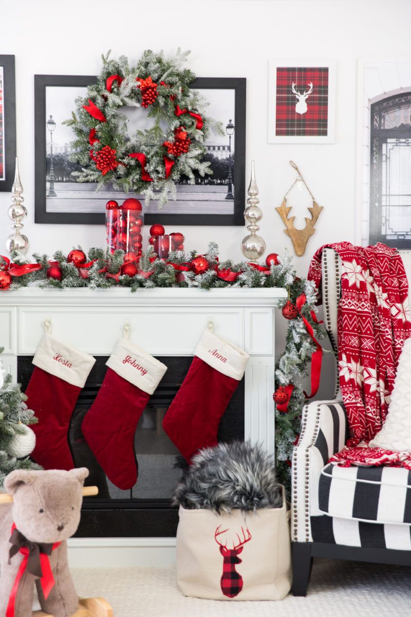 Traditional Christmas Decorations in Living Room - Red stockings, Evergreen Garland, Red Ornaments