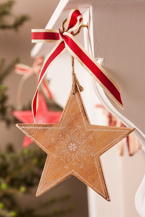 DIY Scandinavian Christmas Decorations Nordic Wood Star and Red Ribbon