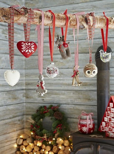 DIY Scandinavian Christmas Decorations Ribbon Hanging Ornaments on a Tree Branch