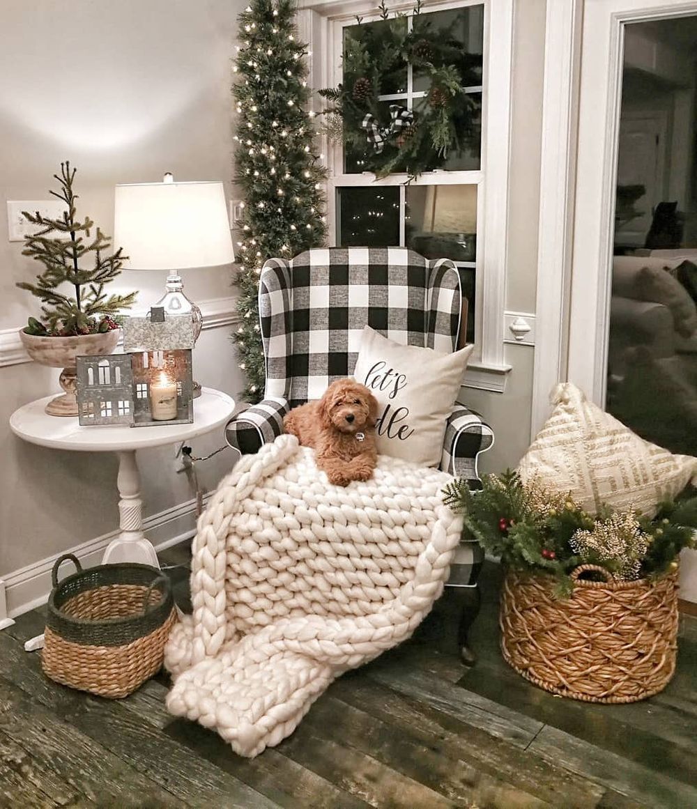 Farmhouse plaid accent chair winter home decor via @bridgewaydesigns