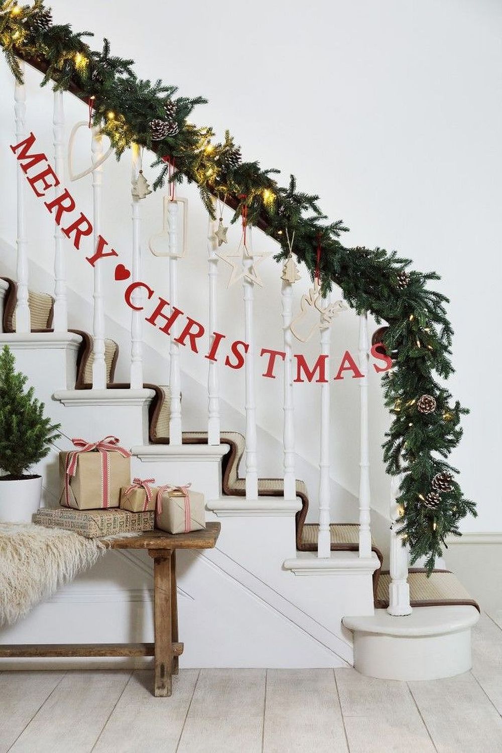 Merry Christmas Scandi Stairwell Bench Decor via Amara