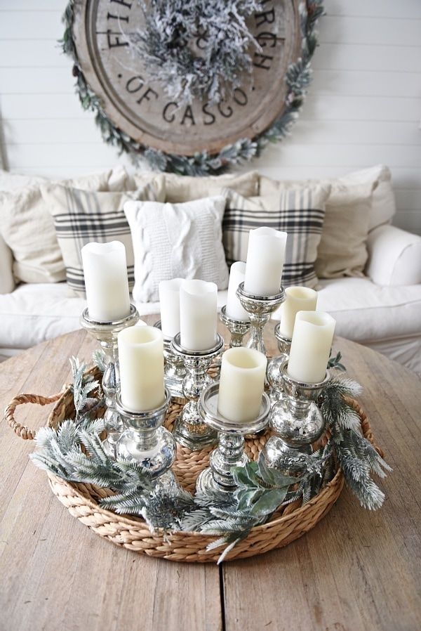 Rustic Farmhouse Winter Coffee Table Centerpiece via lizmarieblog