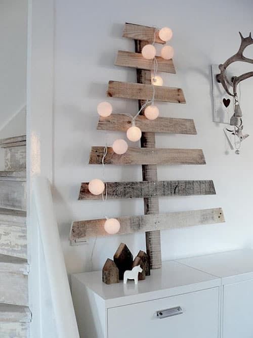 Scandinavian Flat Wood Tree with String Lights Decor