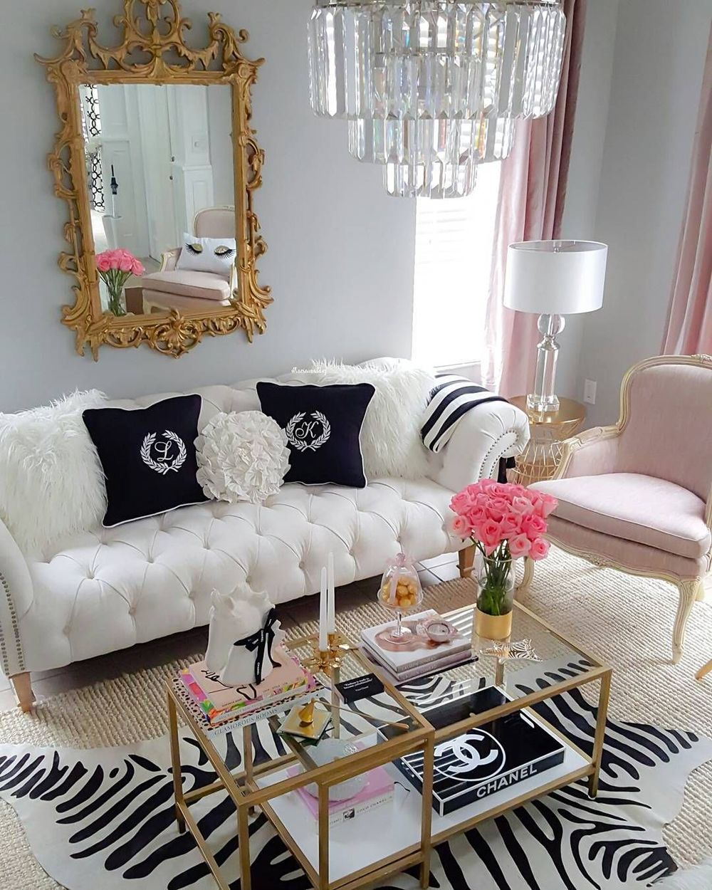 Glam tufted sofa and gold mirror