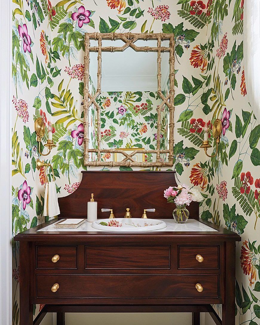 Neo-traditional Bathroom with wood vanity and floral wallpaper via Ellen Kavanaugh