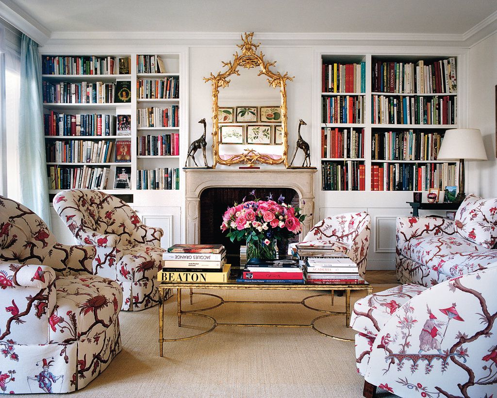 Neo-traditional living room with bird pattern upholstered furniture via Lee Radziwill and François Halard for T Magazine