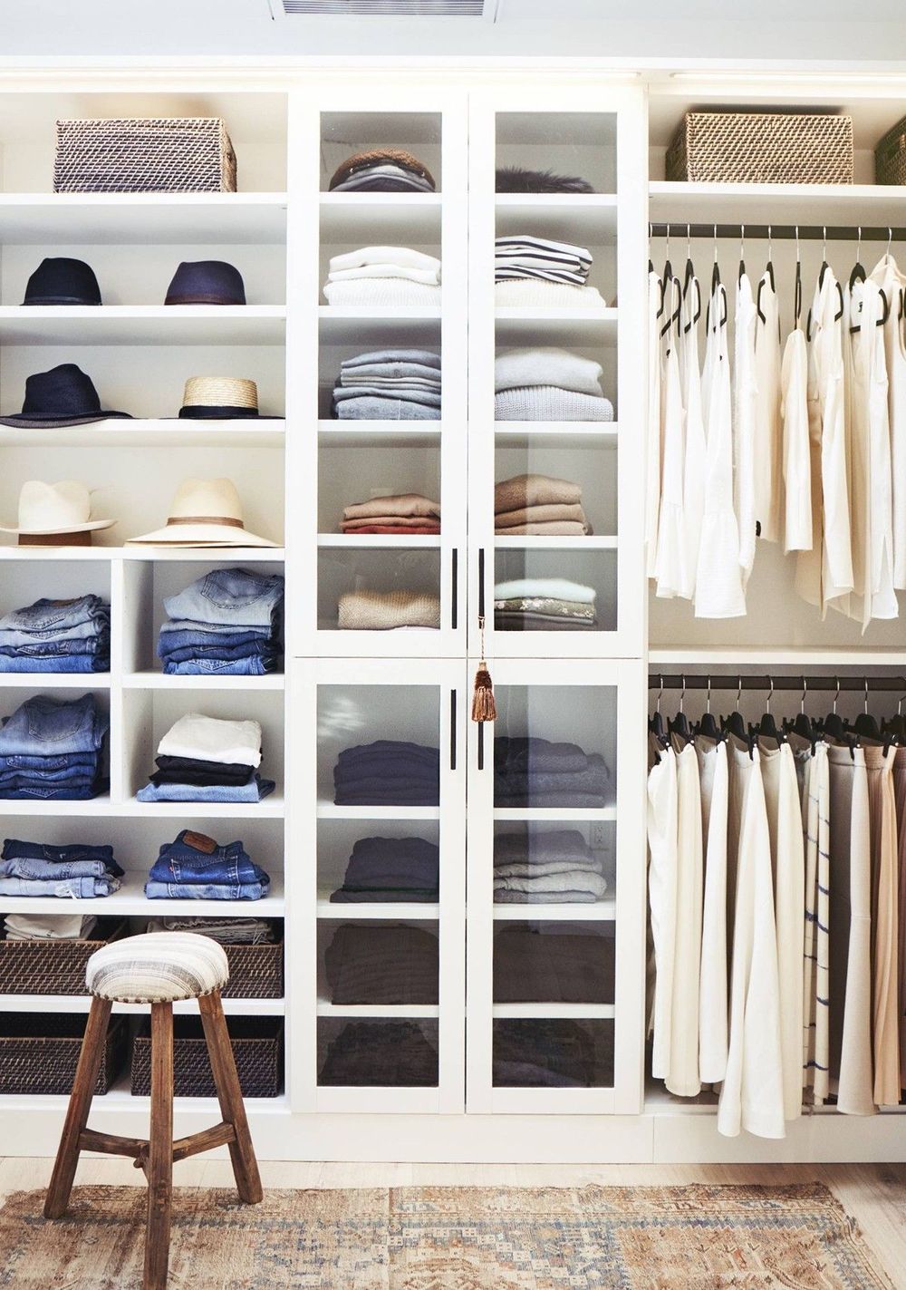 Organized bedroom Closet with a mix of shelves and Rods for Hanging via Studio Mcgee and Justin Coit