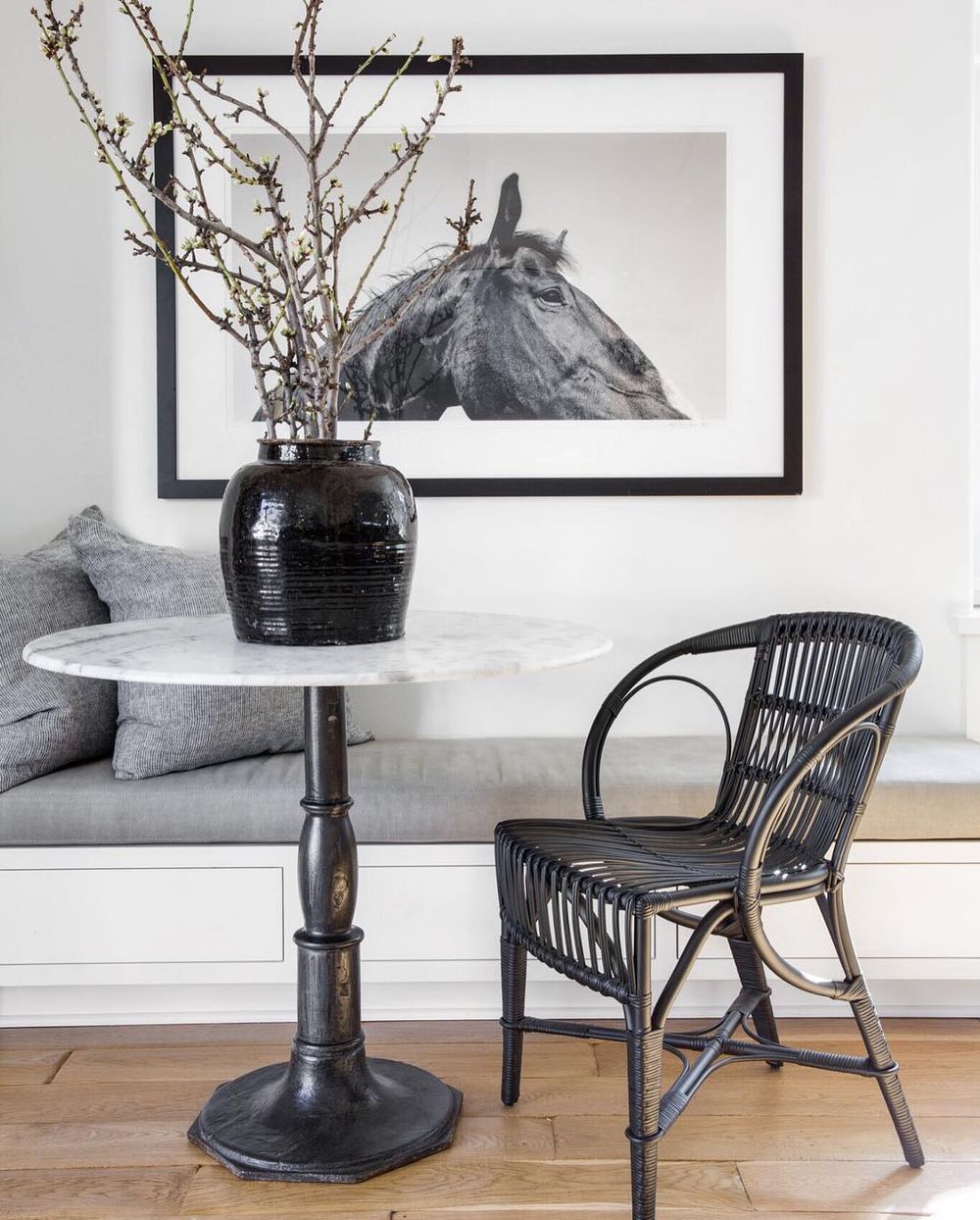 black and white breakfast nook