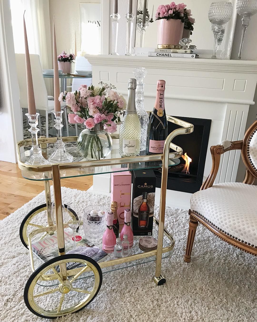 Brass bar cart with pink champagne via @kalazpinglan