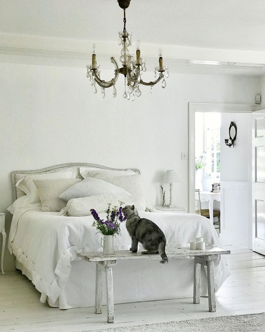Crystal Chandelier in French Country Bedroom via @white_and_faded