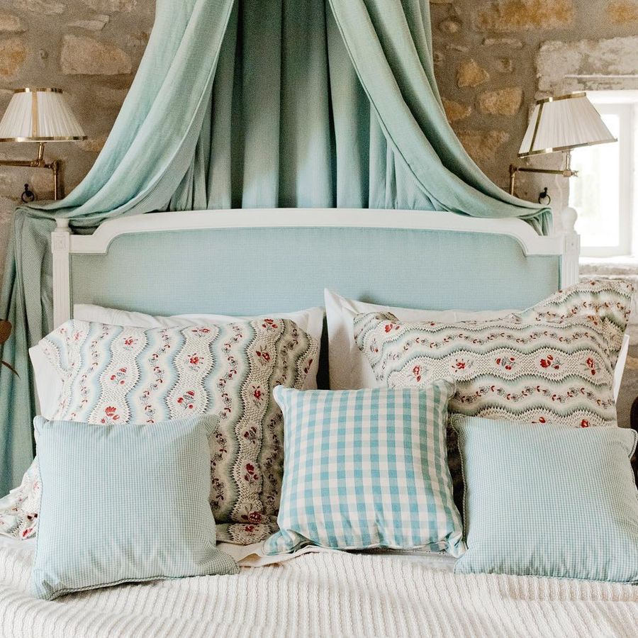 French Country Bedroom with Gingham Throw Pillows via @provencepoiriers