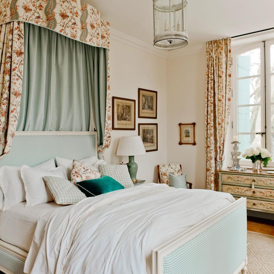 French Country Bedroom with Gingham Upholstery Headboard via @provencepoiriers