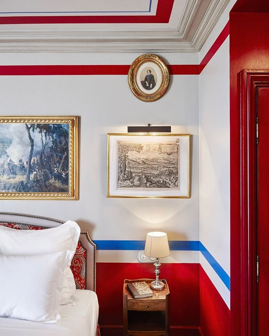 French Country Bedroom with Red and Blue Striped Paint via @airellesgordes