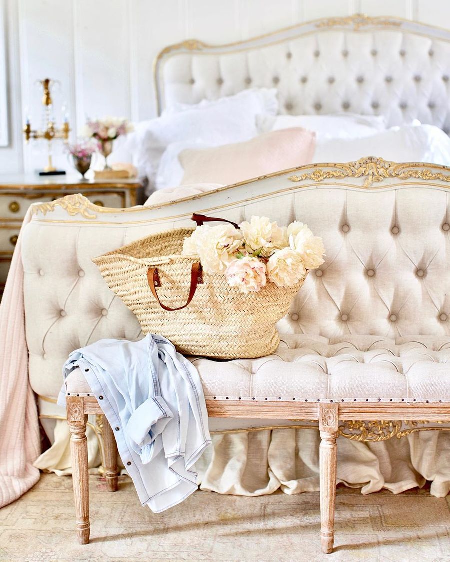 French Country Bedroom with Tufted Bed via @frenchcountrycottage