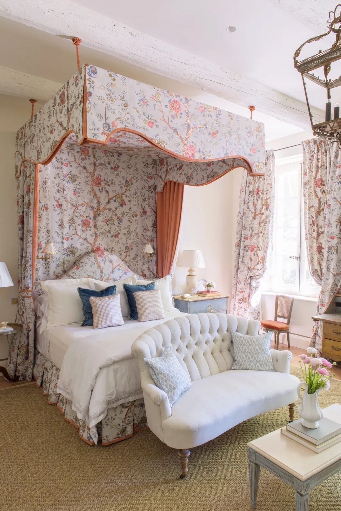 French country bedroom with Floral Upholstered Canopy bed via theglampad