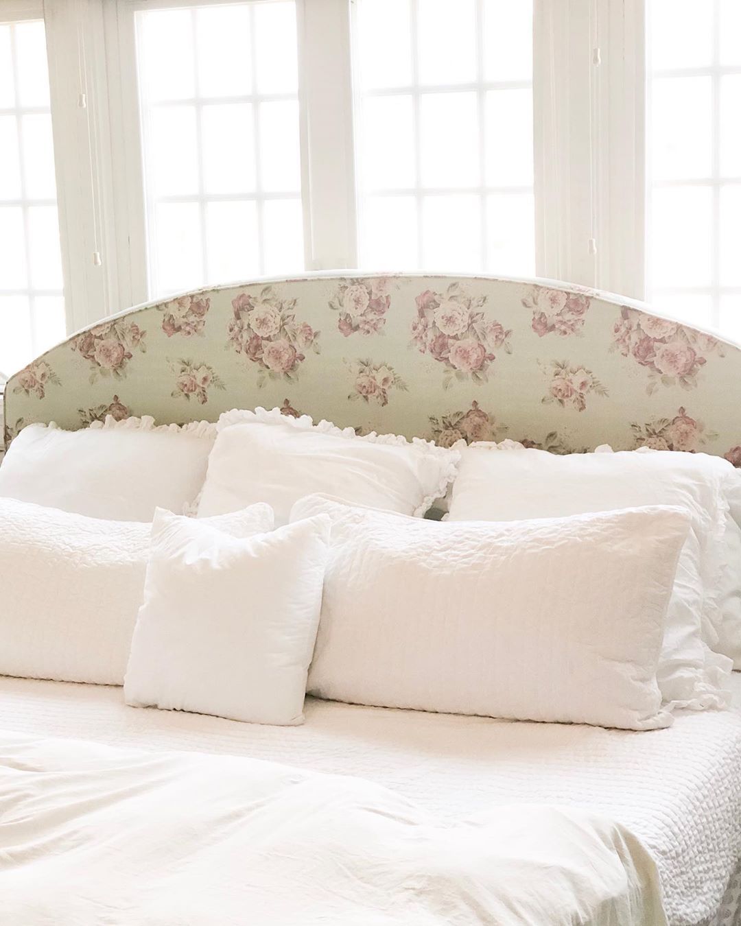 French country bedroom with Floral Upholstery Headboard via @jessicajoyvintage