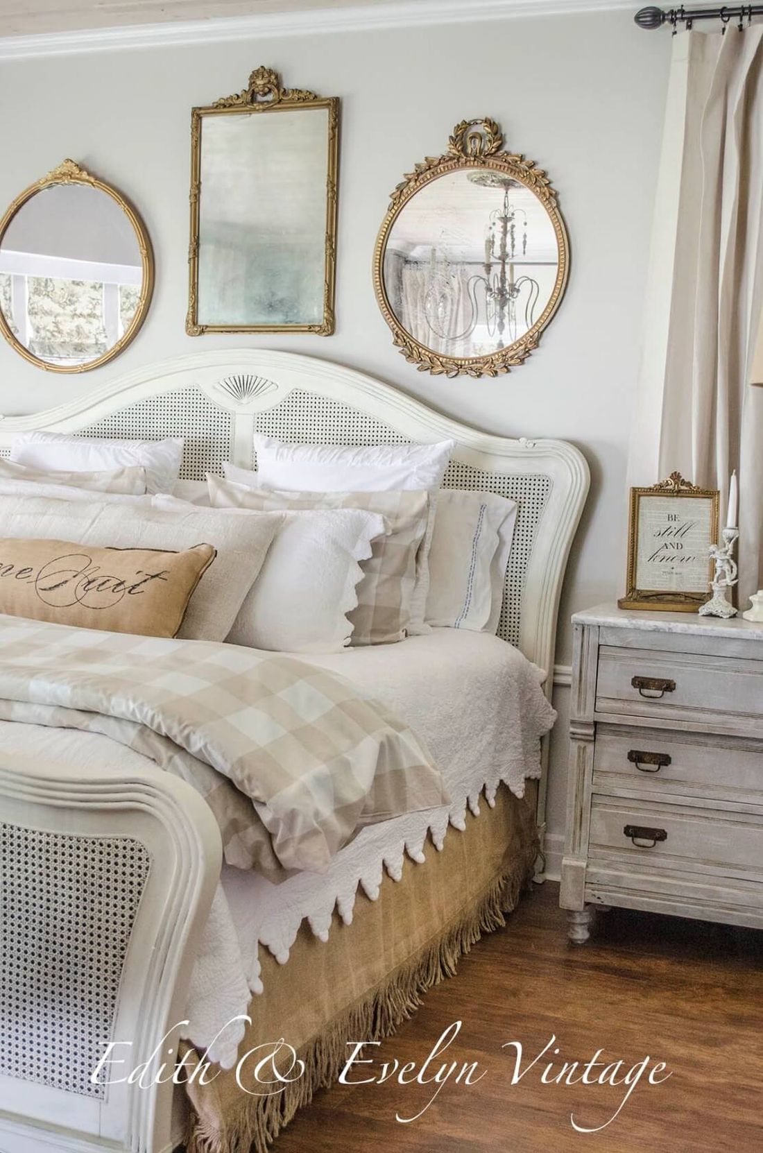 French country bedroom with Gold mirrors on the wall via Edith Evelyn Vintage