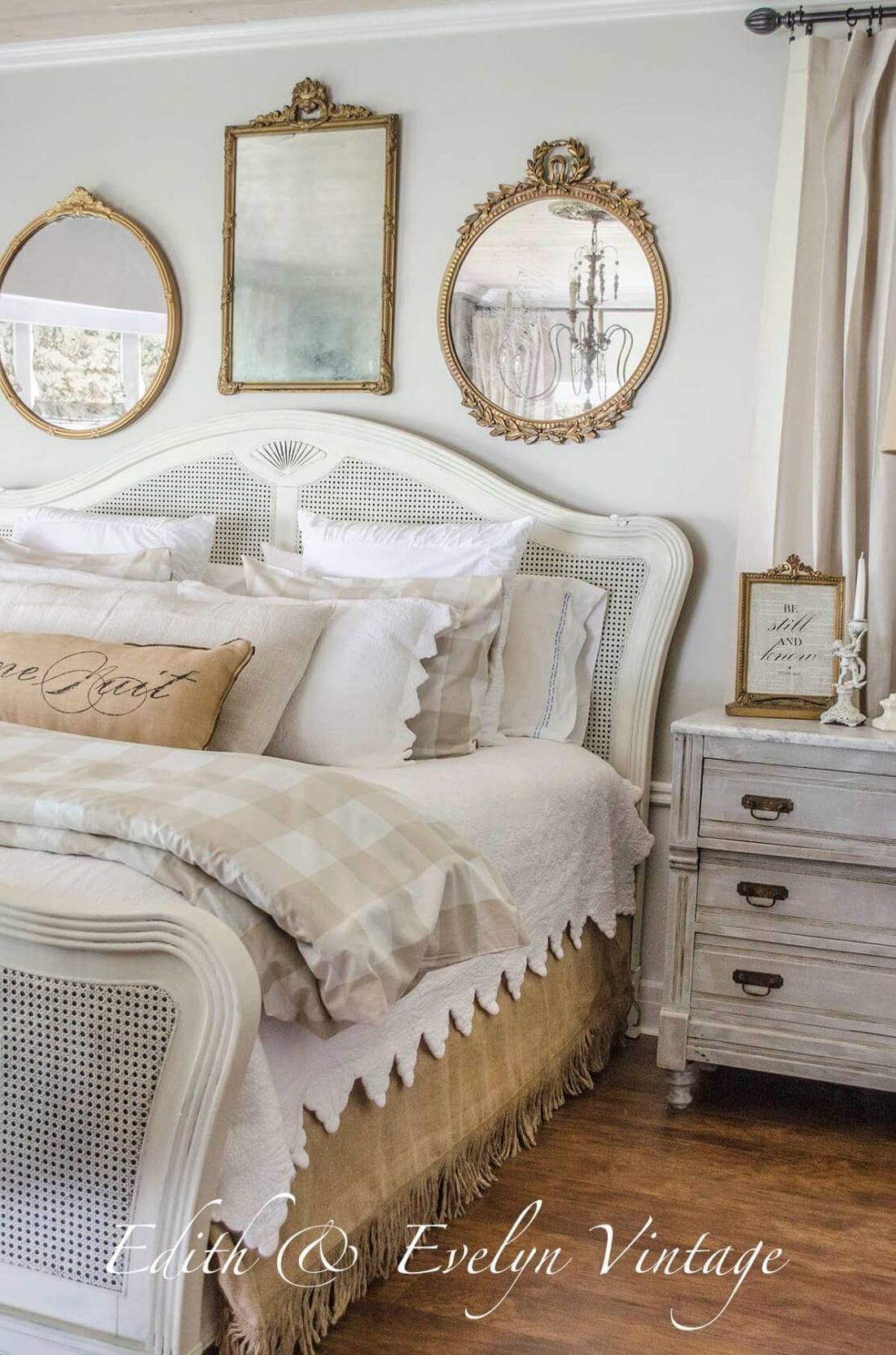 French Country Bedroom With Gold Mirrors On The Wall Via Edith Evelyn Vintage 