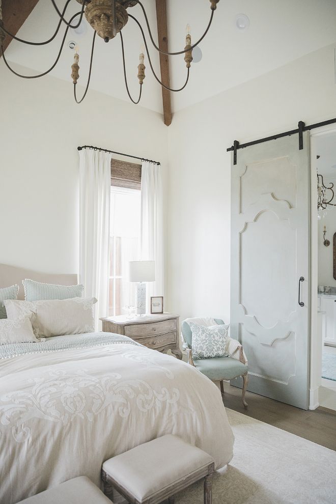 French country bedroom with Gray and turquoise tones and Sherwin-Williams Alabaster wall paint via Brit Jones Design