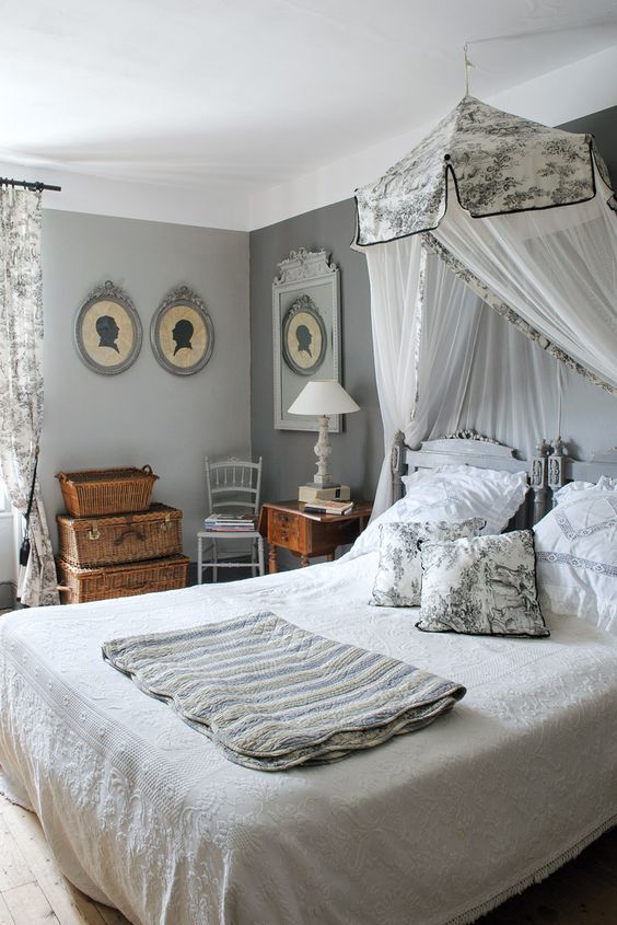 French country bedroom with Gray and white decor via Victoria Mag